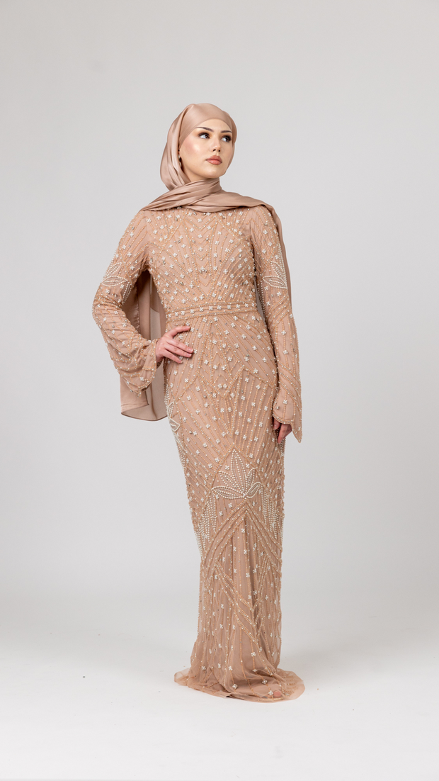 Blush Pink Embellished Pearl Evening Dress With Dramatic Sleeves