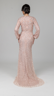 Pink Pearl Evening Dress With Balloon Sleeves