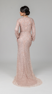 Pink Pearl Evening Dress With Balloon Sleeves