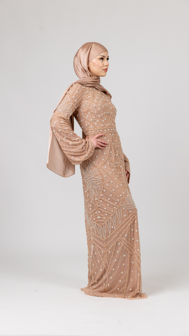 Blush Pink Embellished Pearl Evening Dress With Dramatic Sleeves Shimmi Dresses Blush Pink Embellished Pearl Evening Dress With Dramatic Sleeves Shimmi Dresses