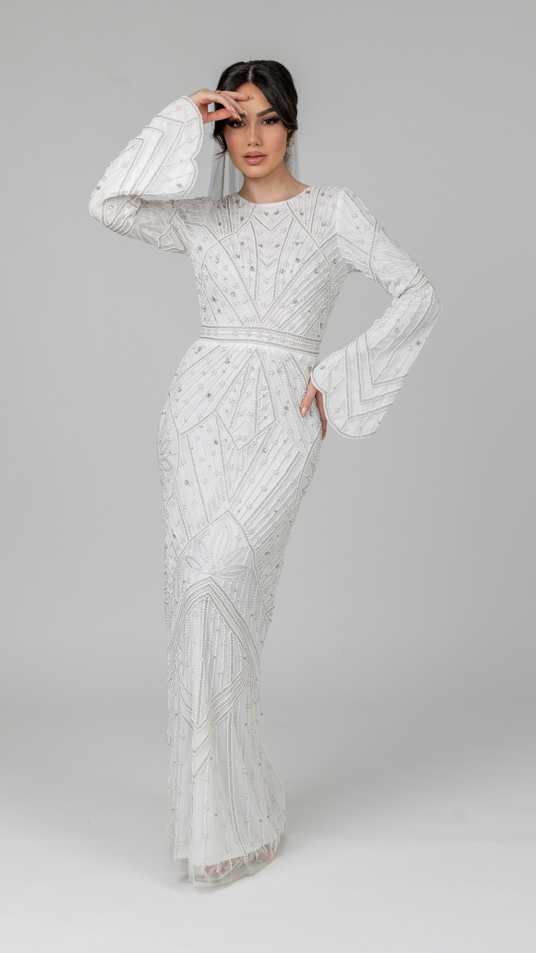 White Pearl Bridal Gown With Dramatic Sleeves  Shimmi Dresses