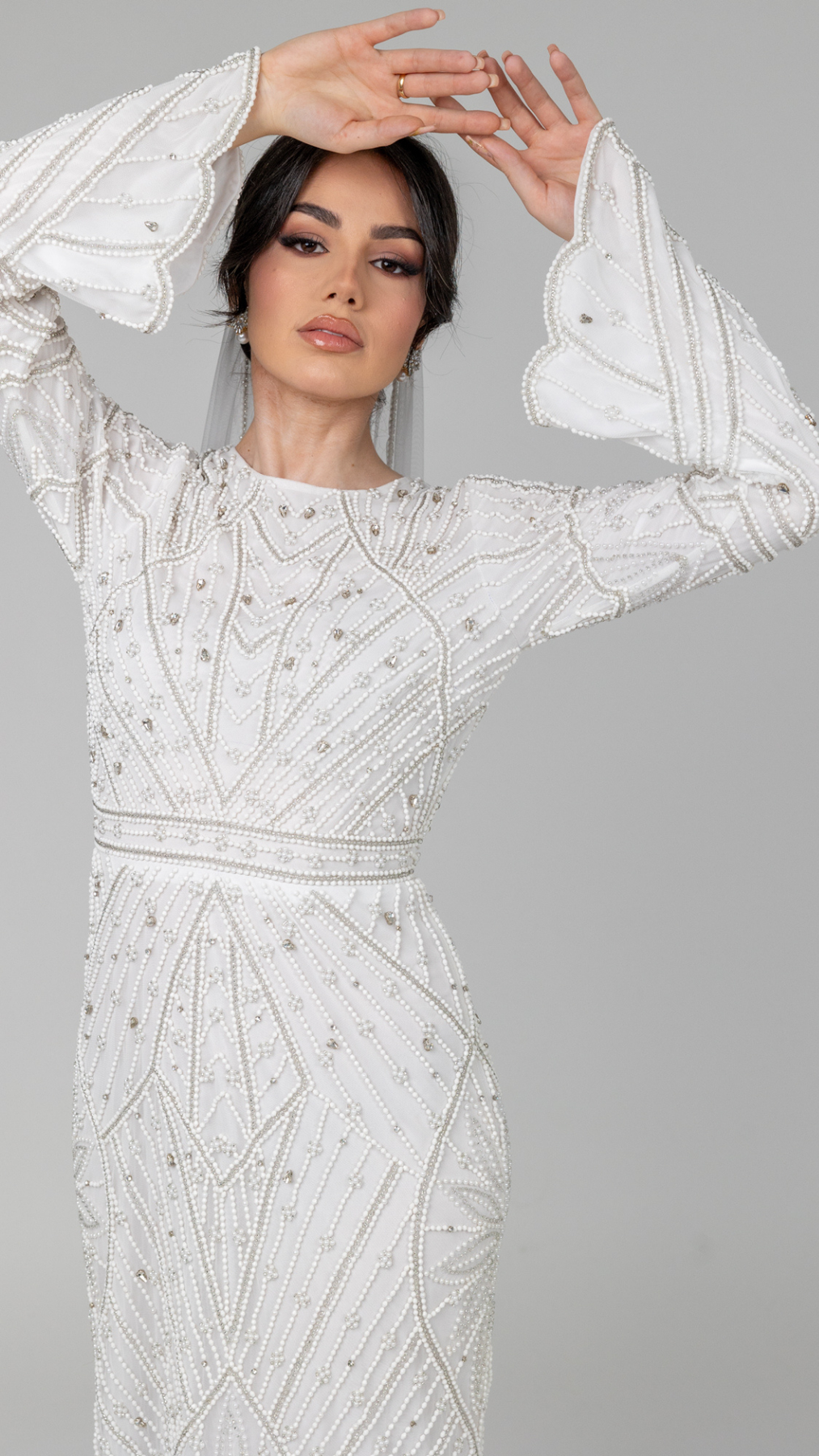 White Pearl Bridal Gown With Dramatic Sleeves – Shimmi Dresses