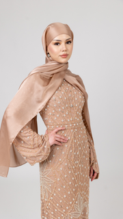 Blush Pink Embellished Pearl Evening Dress With Dramatic Sleeves