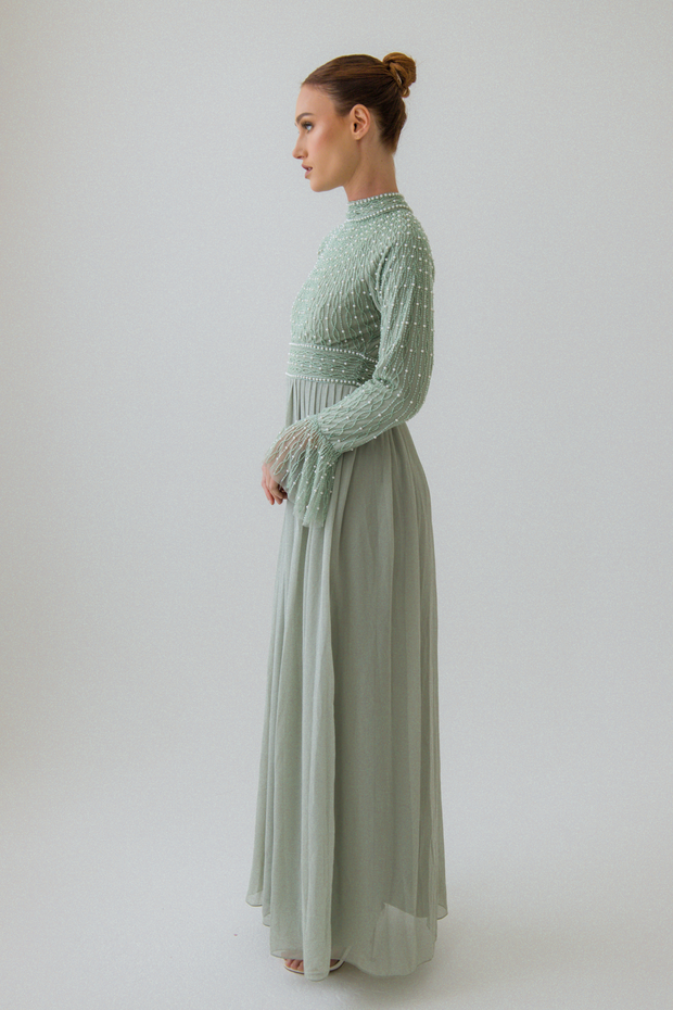 Sage Pearl Flowy Dress With Flare Sleeves