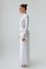 Ivory White Embellished Evening Dress With Flare Sleeves