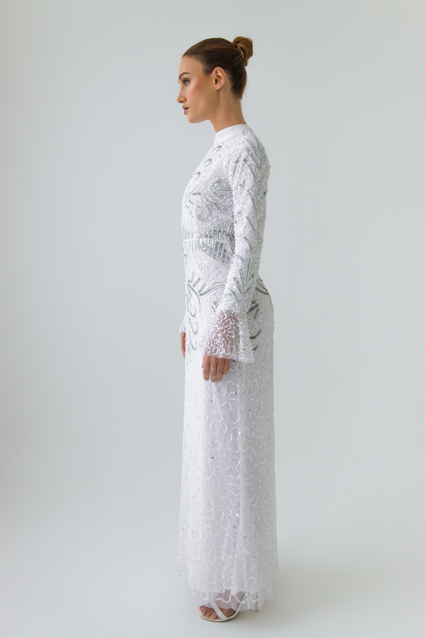 Ivory White Embellished Evening Dress With Flare Sleeves Shimmi Dresses Ivory White Embellished Evening Dress With Flare Sleeves Shimmi Dresses