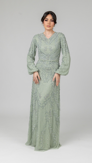 Sage Pearl Evening Dress With Balloon Sleeve