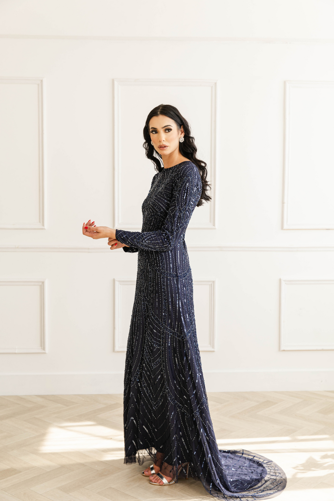 Navy Sequin Long Sleeve Evening Dress With Trail - Shimmi Dresses Navy Sequin Long Sleeve Evening Dress With Trail - Shimmi Dresses