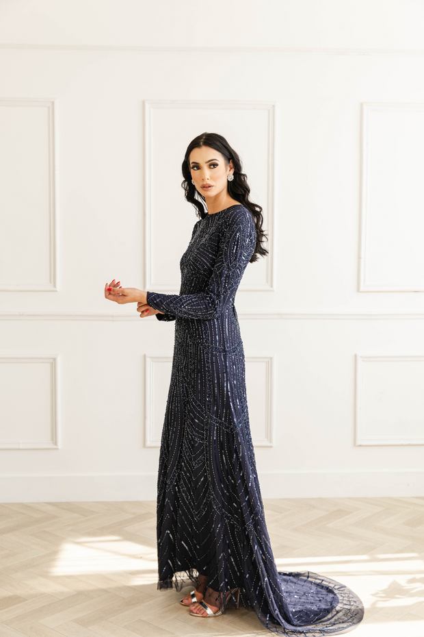 Navy Sequin Long Sleeve Evening Dress With Trail