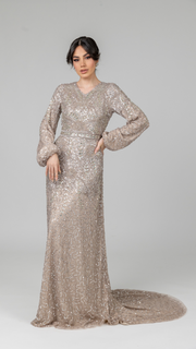 Champagne Embellished Evening Dress With Balloon Sleeves