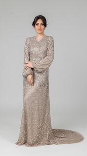 Champagne Embellished Evening Dress With Balloon Sleeves