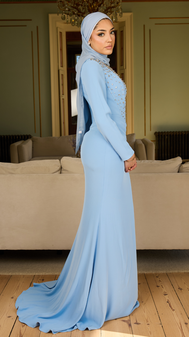 Blue Corset Gown With Long Sleeves Shimmi Dresses Blue Corset Gown With Long Sleeves Shimmi Dresses