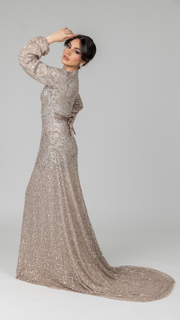 Champagne Embellished Evening Dress With Balloon Sleeves