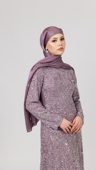 Purple Sequin Modest Evening Dress