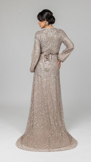 Champagne Embellished Evening Dress With Balloon Sleeves