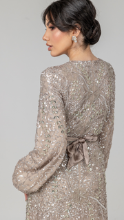 Champagne Embellished Evening Dress With Balloon Sleeves