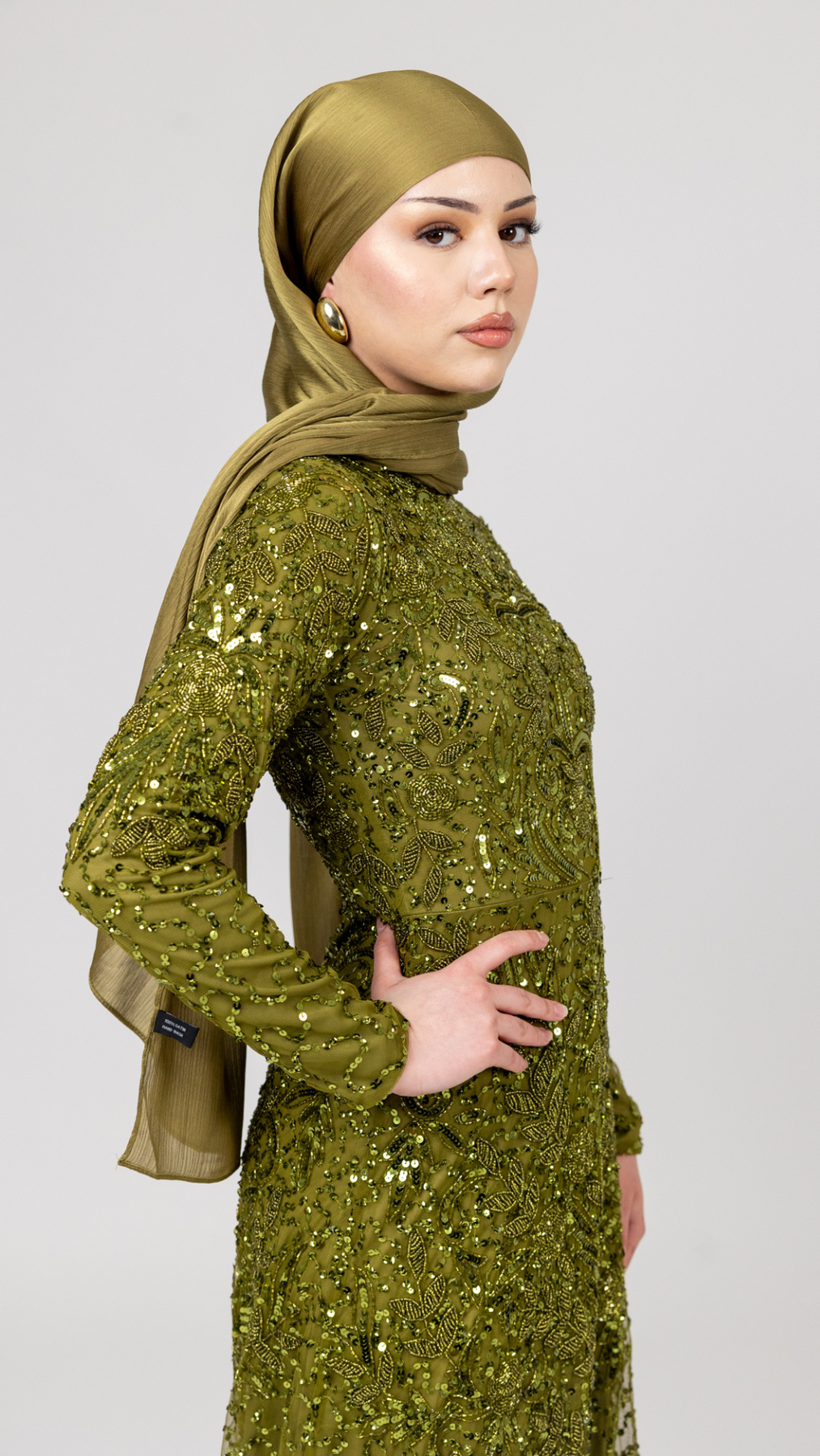 Olive Green Embellished Evening Dress With Trail