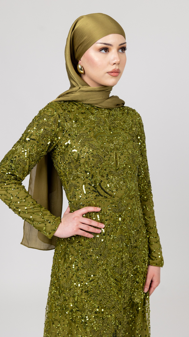 Olive Green Embellished Evening Dress With Trail - Shimmi Dresses Olive Green Embellished Evening Dress With Trail - Shimmi Dresses