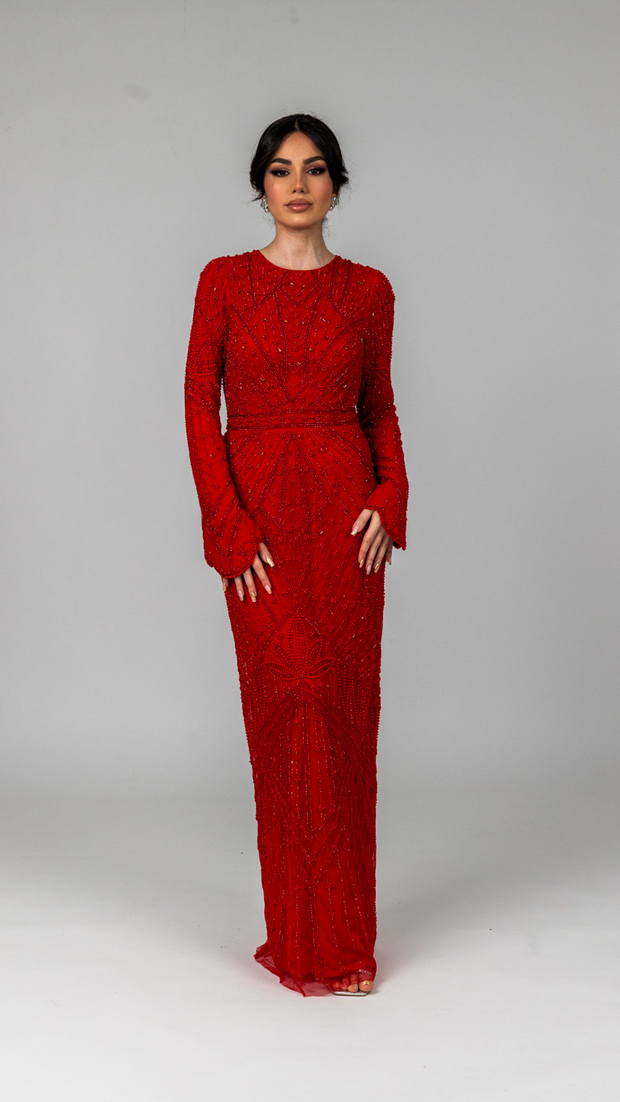 Red Embellished Pearl Evening Dress With Dramatic Sleeves