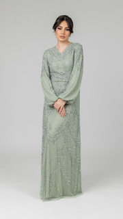 Sage Pearl Evening Dress With Balloon Sleeve