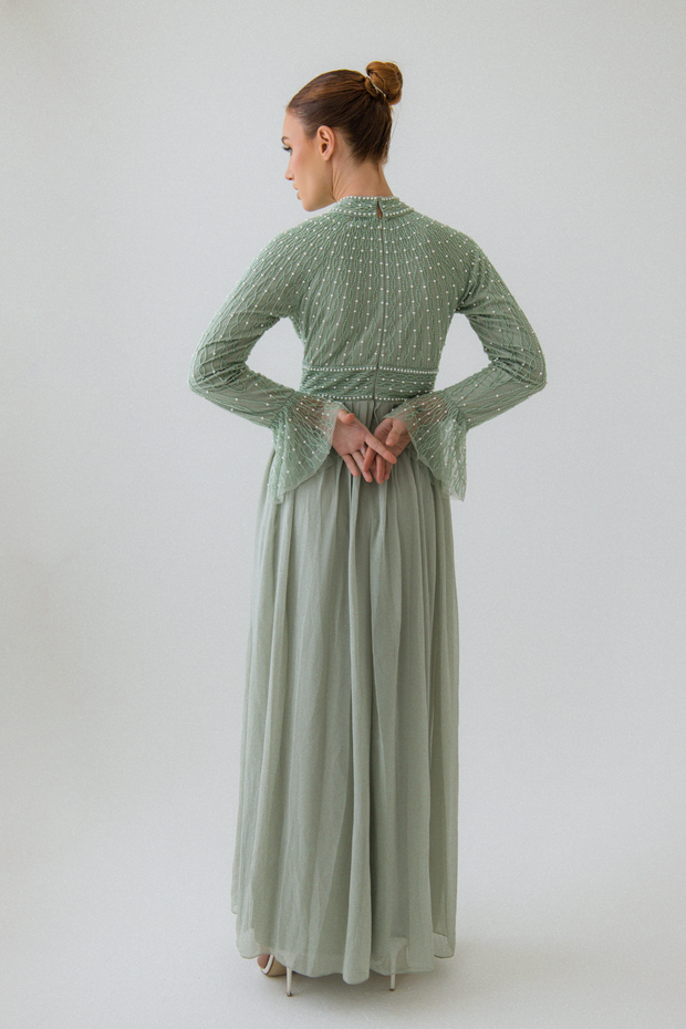 Sage Pearl Flowy Dress With Flare Sleeves Shimmi Dresses Sage Pearl Flowy Dress With Flare Sleeves Shimmi Dresses
