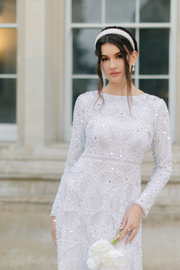 White Pearl Embellished Gown With Long Sleeves