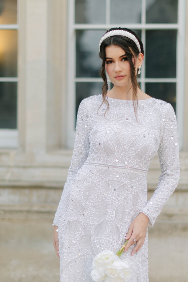 White long sleeve sales dress with pearls