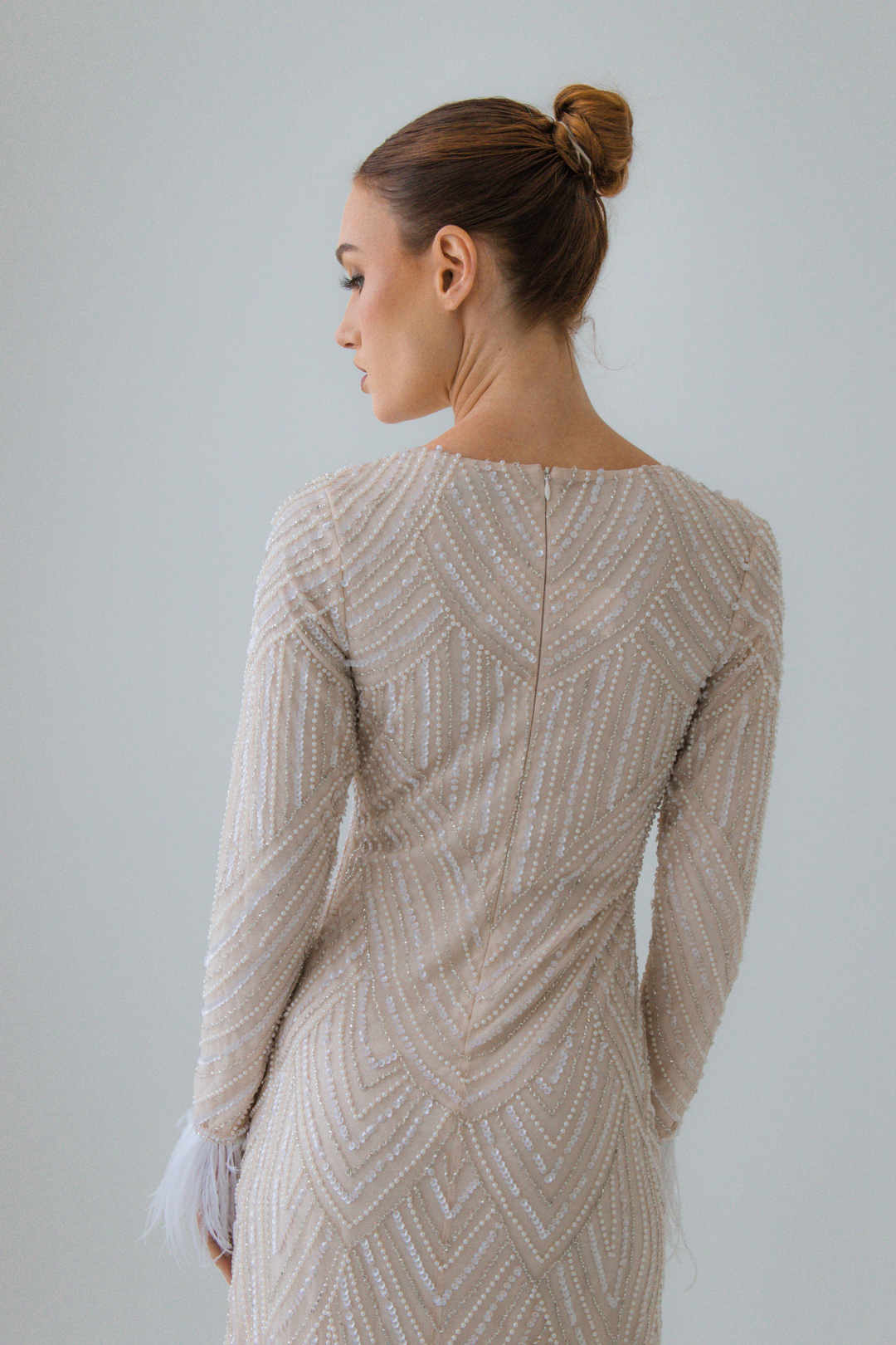 cream fur dress White Lace Mini Dress with Faux Fur Bands  FINESSE
