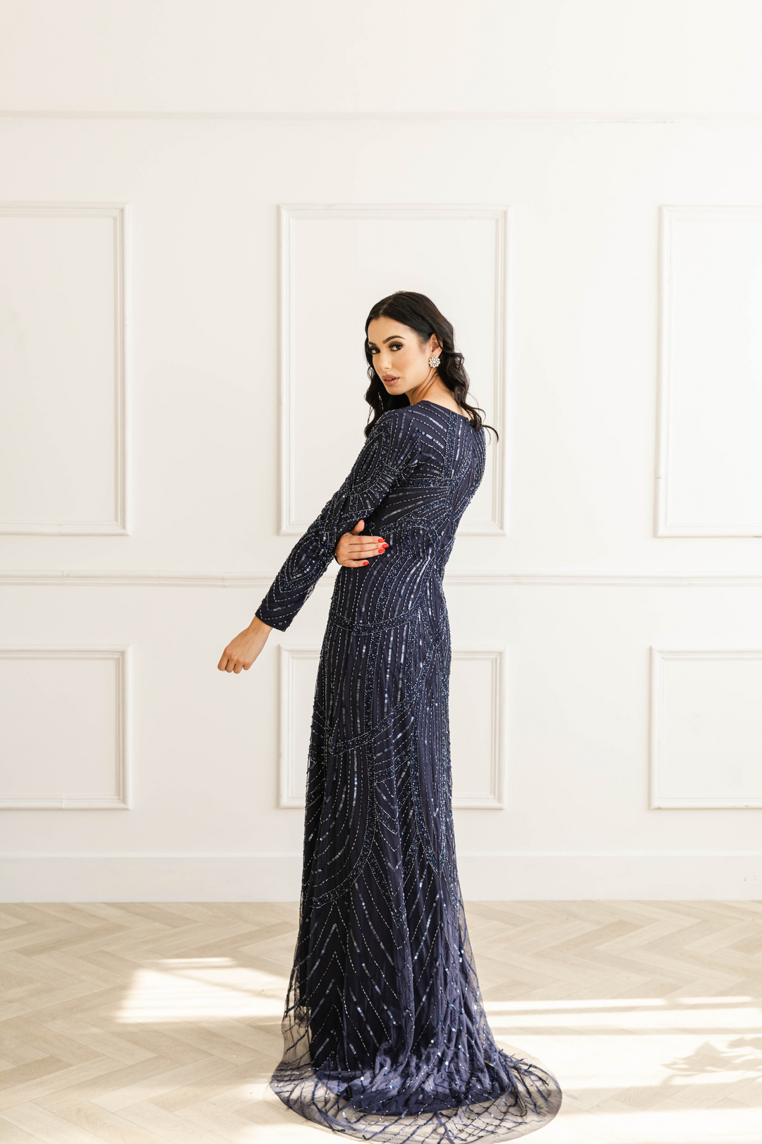 Navy Sequin Long Sleeve Evening Dress With Trail - Shimmi Dresses