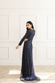 Navy Sequin Long Sleeve Evening Dress With Trail