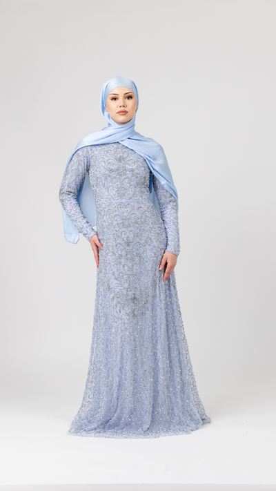 Baby Blue Sequin Evening Dress With Long Sleeves