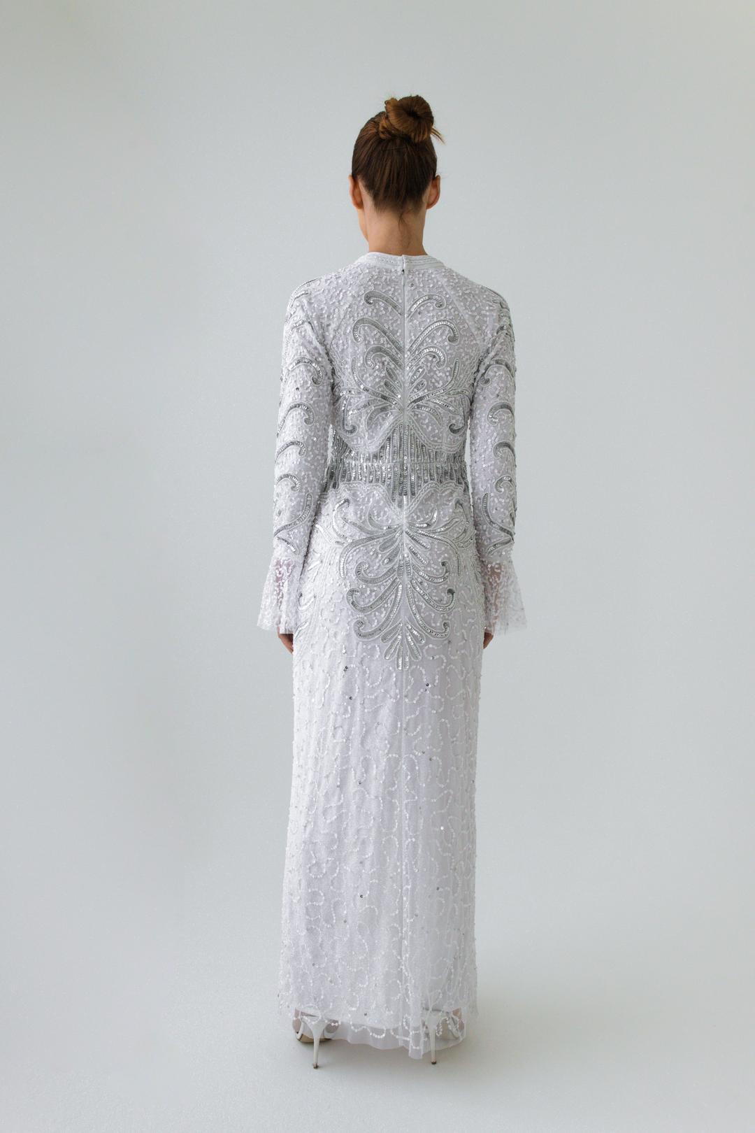 Ivory White Embellished Evening Dress With Flare Sleeves – Shimmi Dresses