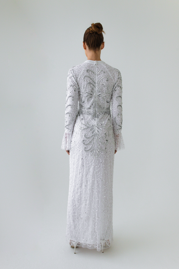 Ivory White Embellished Evening Dress With Flare Sleeves Shimmi Dresses Ivory White Embellished Evening Dress With Flare Sleeves Shimmi Dresses