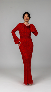 Red Embellished Pearl Evening Dress With Dramatic Sleeves