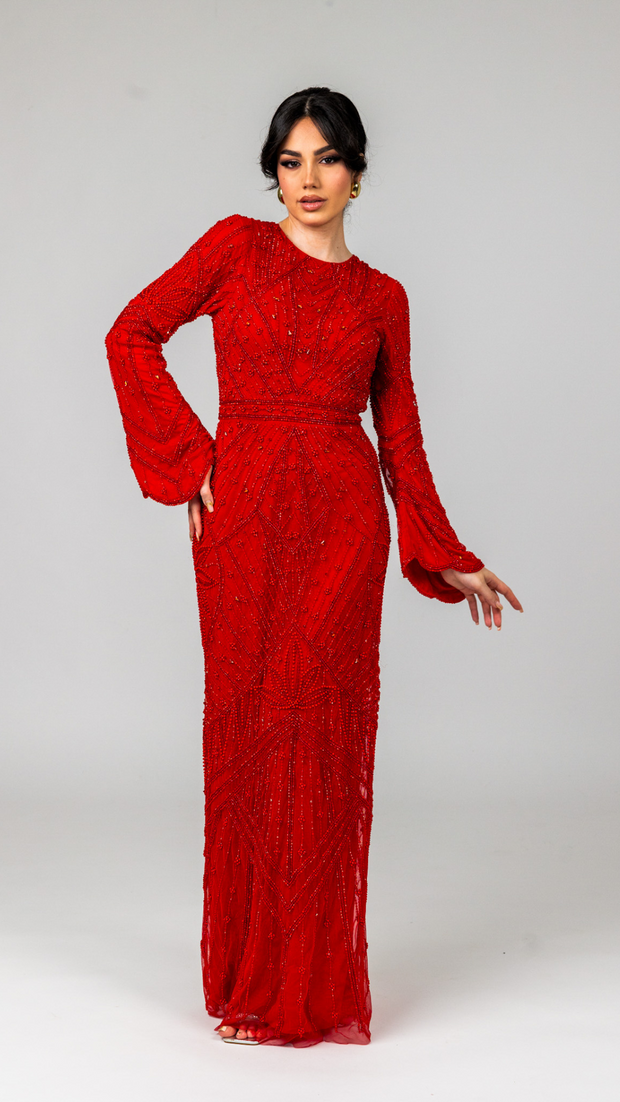 Red Embellished Pearl Evening Dress With Dramatic Sleeves