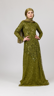 Olive Green Embellished Evening Dress With Trail