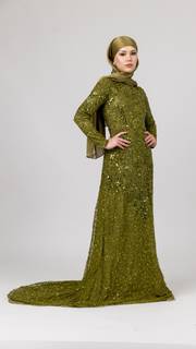 Olive Green Embellished Evening Dress With Trail