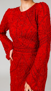 Red Embellished Pearl Evening Dress With Dramatic Sleeves