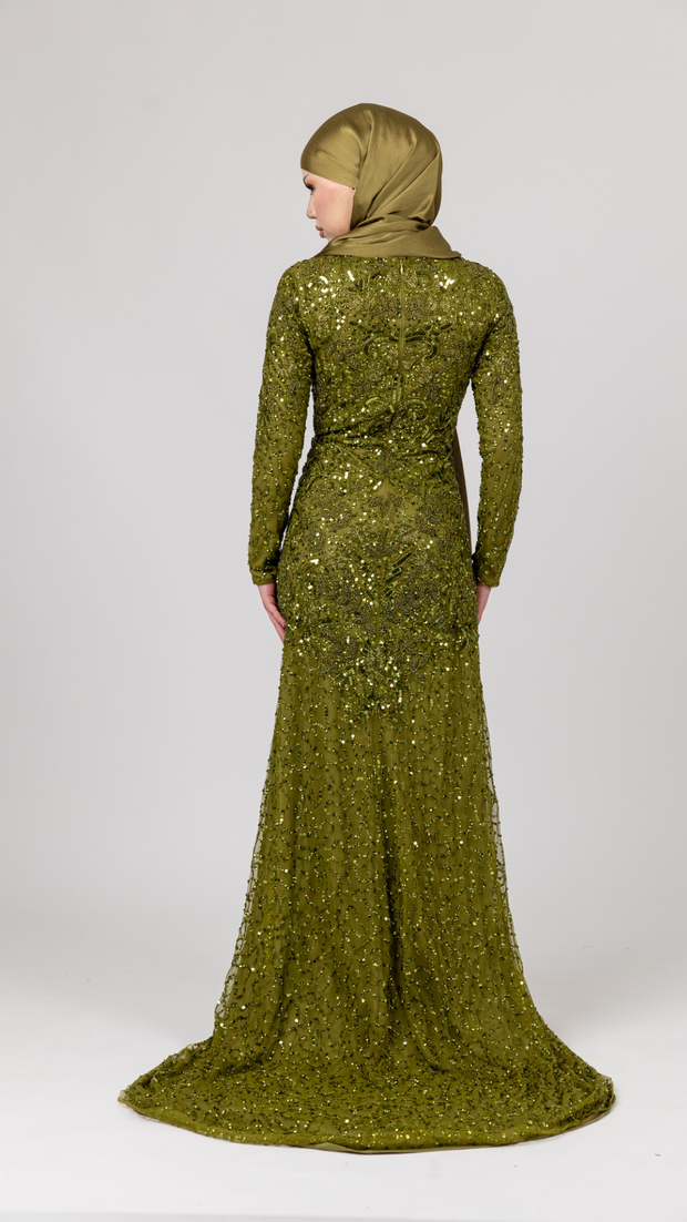Olive Green Embellished Evening Dress With Trail Shimmi Dresses