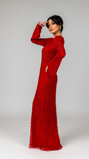 Red Embellished Pearl Evening Dress With Dramatic Sleeves