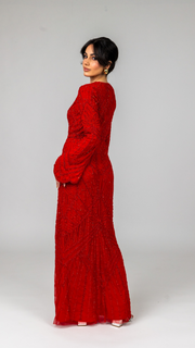 Red Embellished Pearl Evening Dress With Dramatic Sleeves