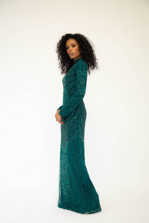 Green long sleeve evening dress hotsell