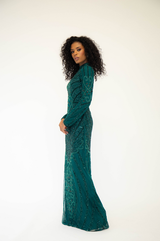 Emerald Green Embellished Maxi Dress With Sleeves