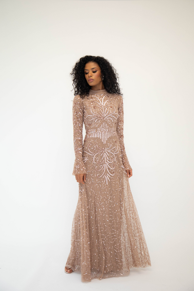 Mocha Sequin Evening Dress With Flare Sleeves