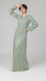 Sage Pearl Evening Dress With Balloon Sleeve