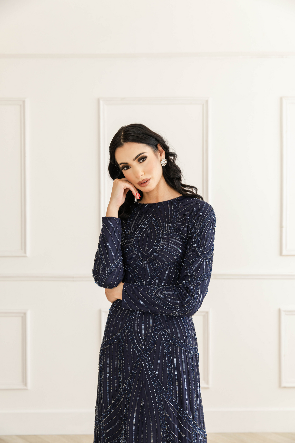 Navy Sequin Long Sleeve Evening Dress With Trail