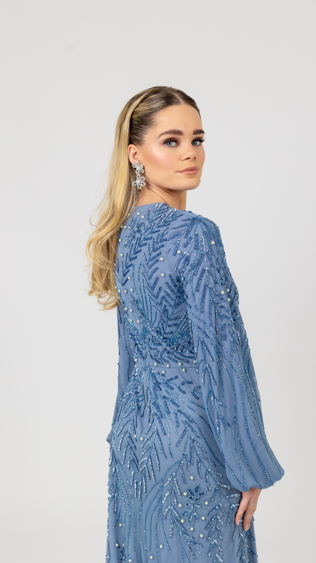 Blue Pearl Evening Dress With Balloon Sleeve