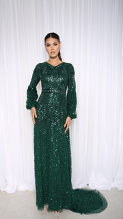 Emerald Green Embellished Evening Dress With Balloon Sleeves