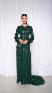 Emerald Green Embellished Evening Dress With Balloon Sleeves