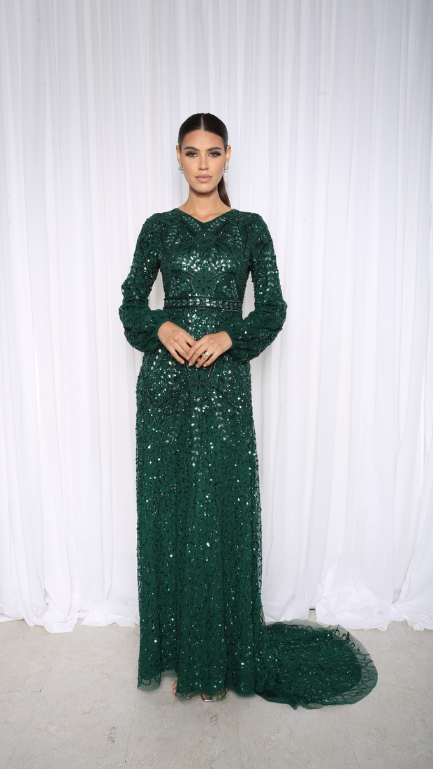 Emerald Green Embellished Evening Dress With Balloon Sleeves